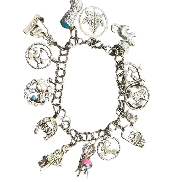 Sterling silver charm bracelet vintage Gemini kitty thistle ram boot good luck - Picture 3 of 9